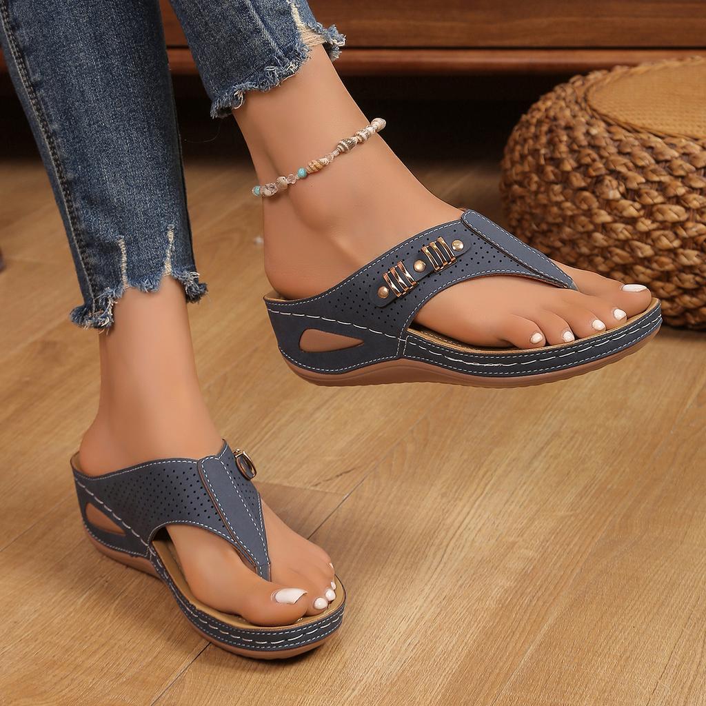 Fashion Summer Women's Wedge Sandals 2025 Clip Toe Orthopedic Arch Support Sandals Woman Pu Leather Non-Slip Soft Platform Flip Flops