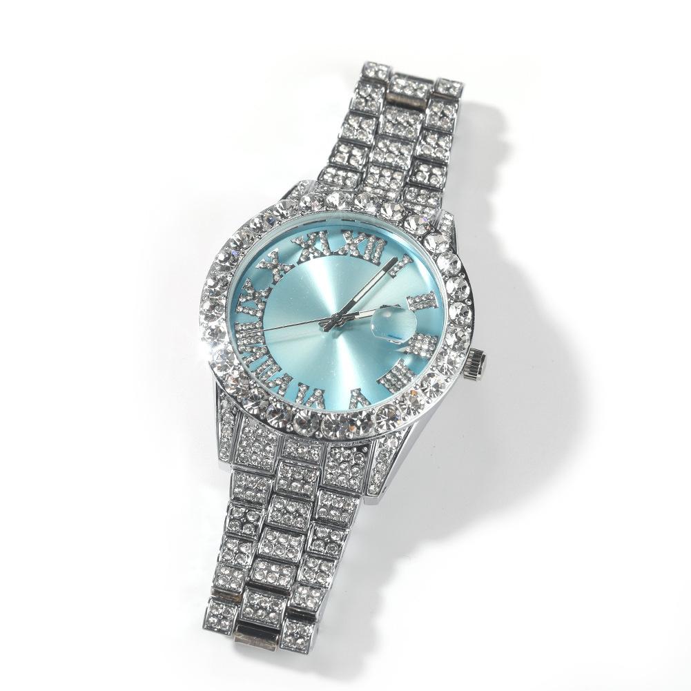 Roman Numerals Diamond-encrusted Men's Watch Trendy Brand Green-faced Large Dial Quartz Watch, One Piece Is Sent On Behalf of Others.