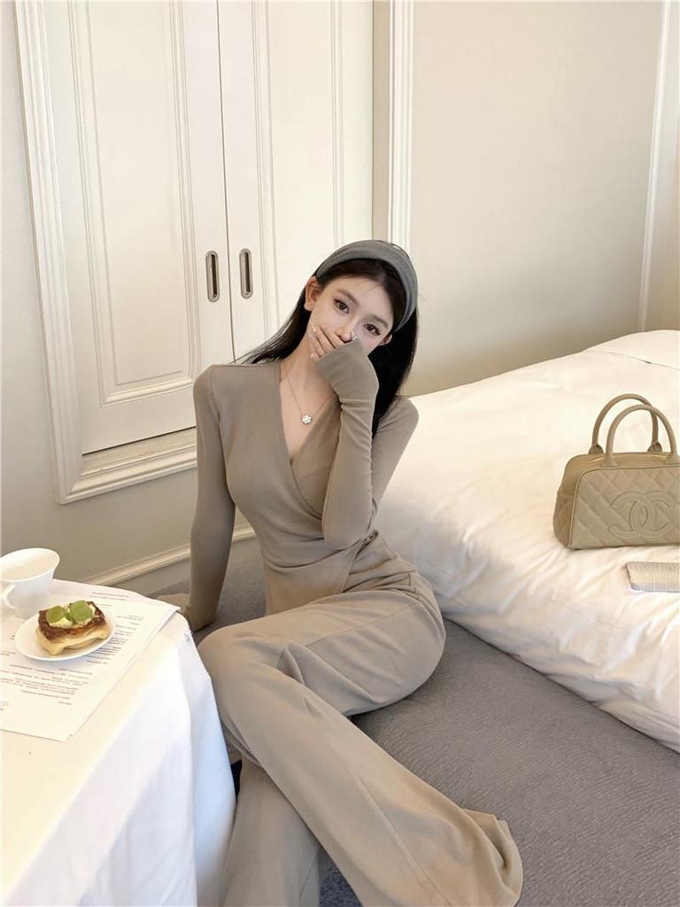 Irregular Slim Fit V-neck Top & Micro Flare Wide Leg Pants Set for Women - Autumn Collection 2026