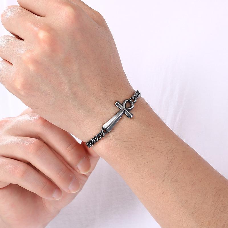 Distressed Egyptian Ankh Cross Bracelet, Personalized Titanium Steel Jewelry for Men & Women
