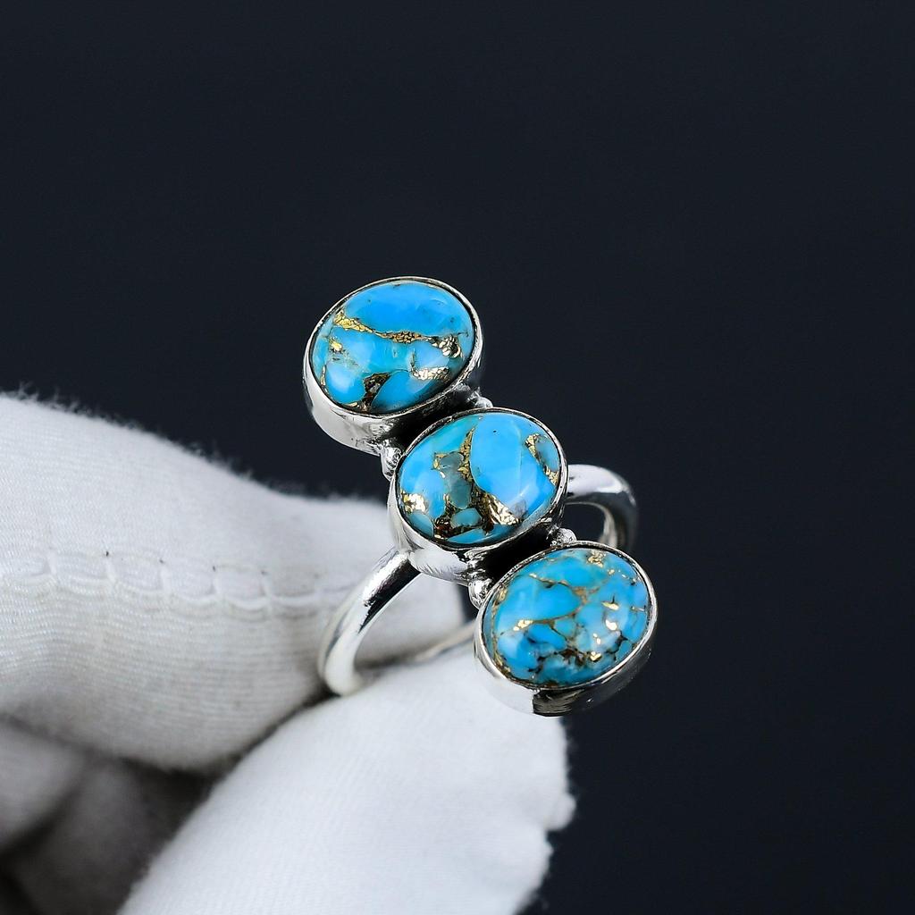 Blue Copper Turquoise Adjustable 925 Sterling Silver Ring - Fits US Sizes 6 To 10 - Handmade Boho Jewelry for Women & Men, Valentine Gifts