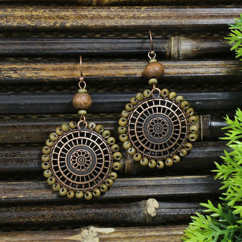 Vintage Ethnic Bohemian Drop Dangle Earrings For Women Wooden Tassel Pearl Beaded Geometric Leaf Flower Round Boho Earrings