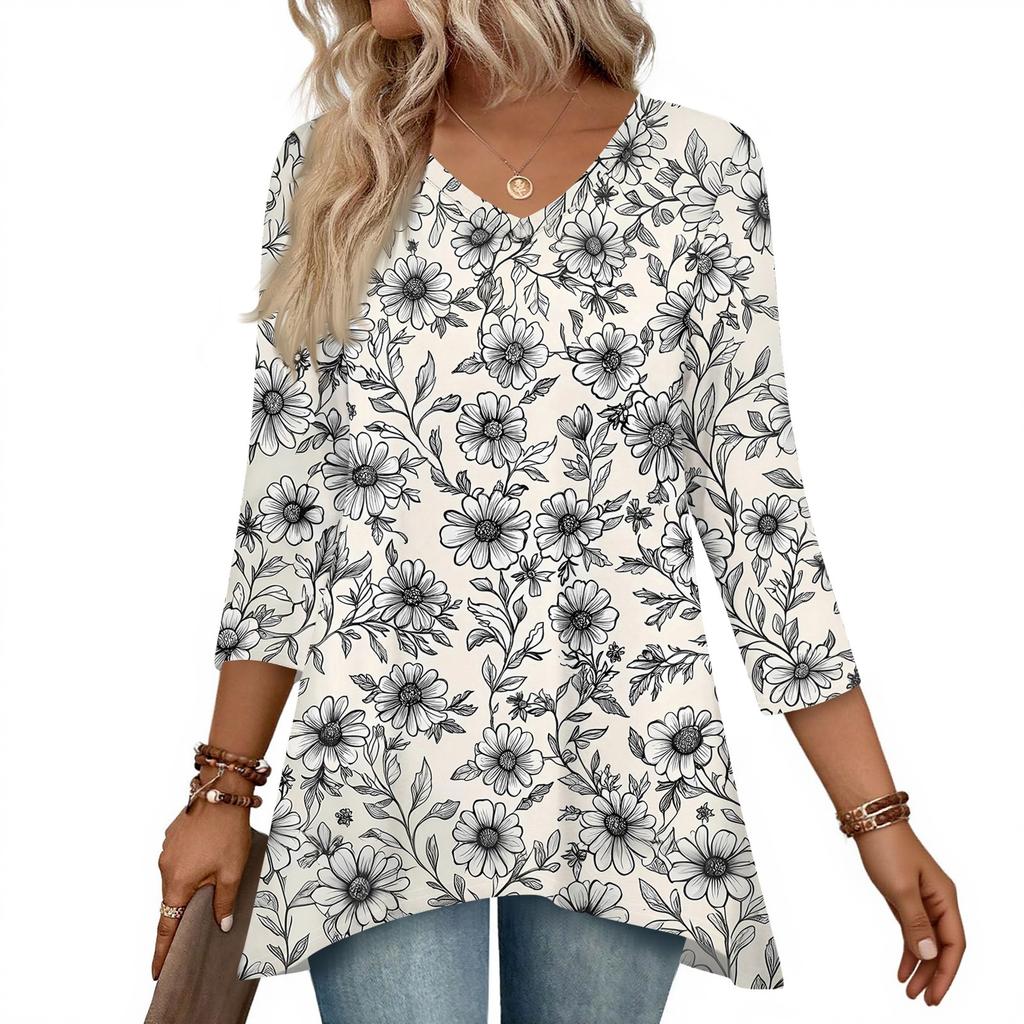 Womens Tops V-neck 3/4 Sleeve Blouses Casual Mid-length Shirts Fashion Print Tunic Tops