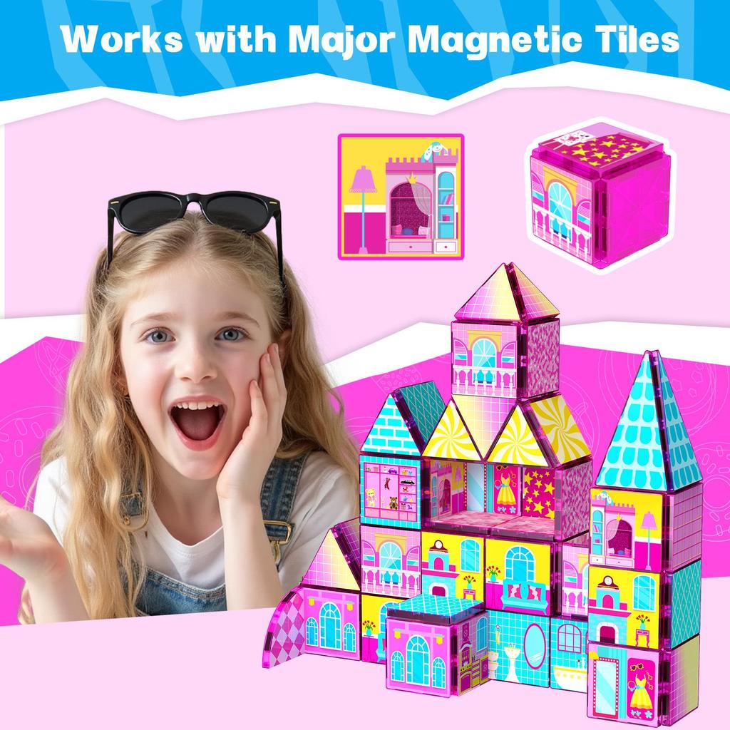 Colorful Magnetic Tiles Pink Dollhouse Set - STEM Educational Toy