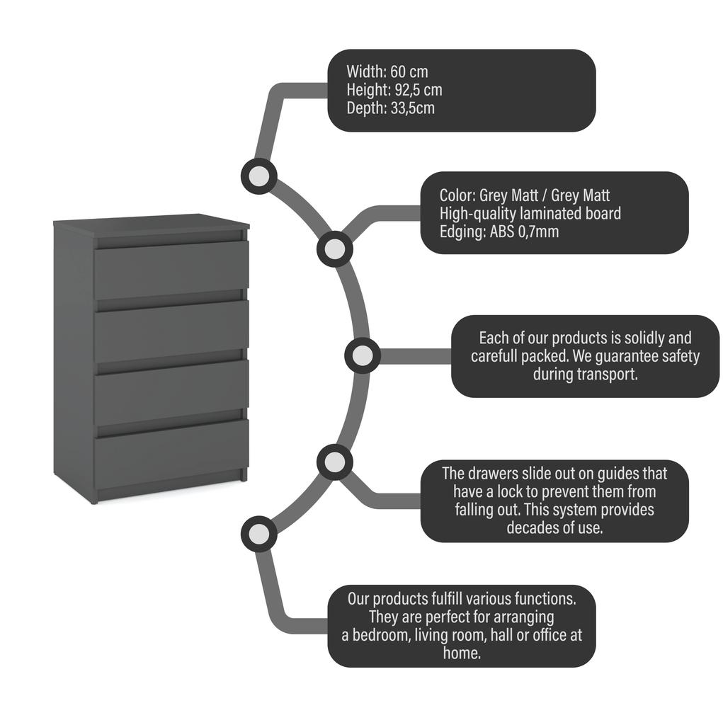 Chest of Drawers Matte Gray 60 CM TV Cabinet Furniture for Living Room Bedroom