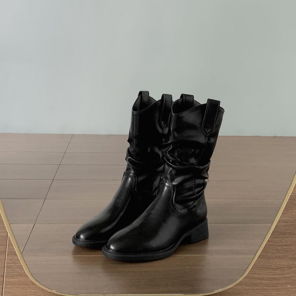 Autumn Winter Women Western Ankle Boots Fashion Slip On Thick Heel Shoes Ladies Elegant Pleated Short Booties