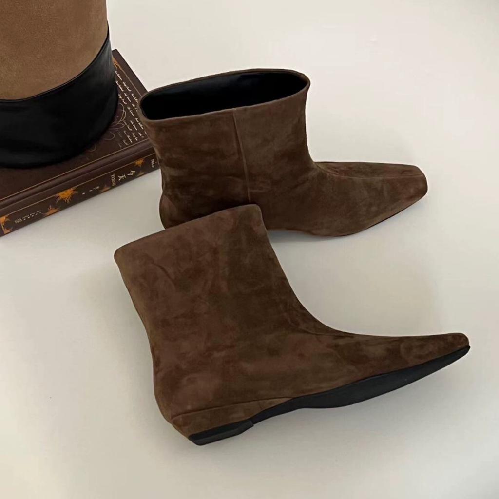 Sheepskin Version~ Retro Suede Square Head Small Slope Heel Flat Bottom Thin Boots Short Boots Women's 2025 New Versatile Cowboy Boots