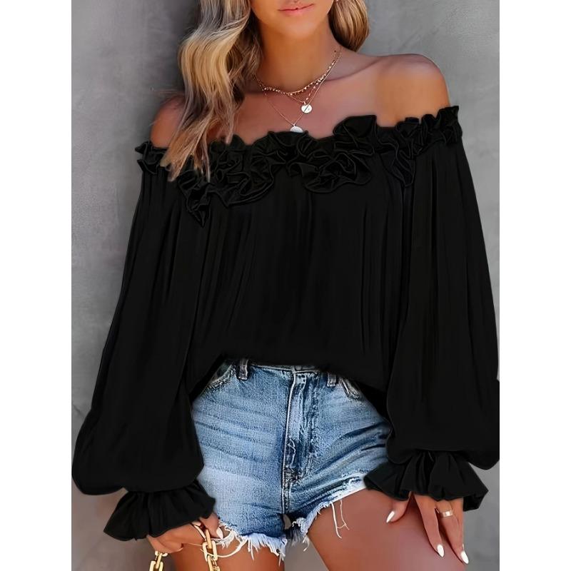 Elegant Fashion Casual Off-the-shoulder Women Blouse Long Sleeved Loose Simple Ruffled Shirt Office Ladies Tops Solid Color Tops