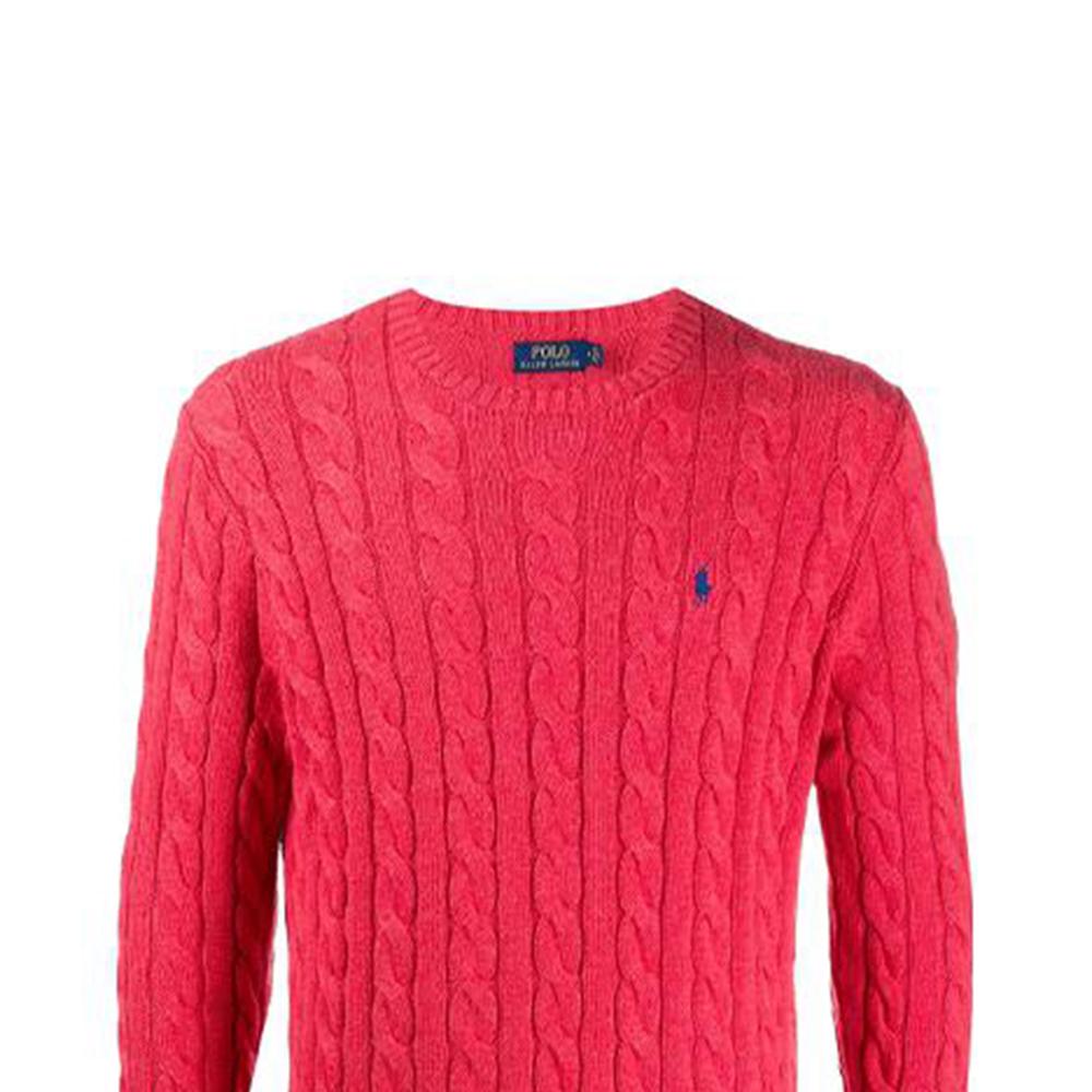 Polo Ralph Lauren Jednobarevný pletený svetr s copánkovým vzorem Jednoduchý svetr s dlouhým rukávem Pánský svetr Červený 710775885-007