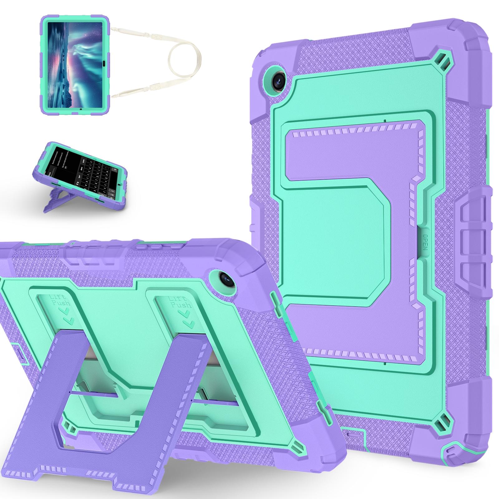 

For Samsung Galaxy Tab A9+ Case with Kickstand Strap Anti Drop PC+Silicone Tablet Cover Purple/Mint Green