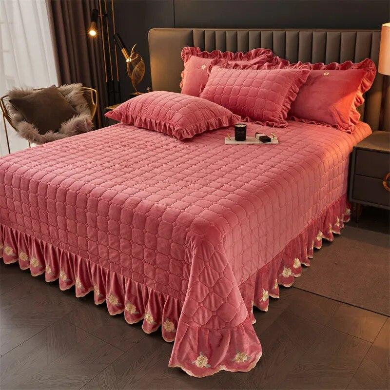 Thick Velvet Bedspread and Pillowcase Queen King Double Coverlet Quilted Soft Bed Sheet Embroidery Ruffle Skirt