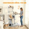 170 Cm Large Cat Tree, Cat Tower with 7 Scratching Posts, Tunnel, 2 Condos, Hammock, Perch, Ramp, Pompoms, Light Grey