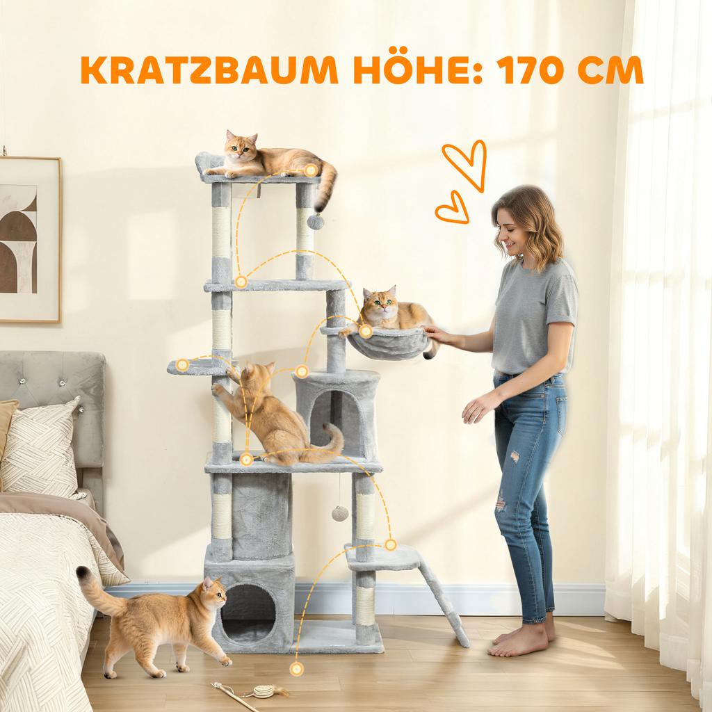 170 Cm Large Cat Tree, Cat Tower with 7 Scratching Posts, Tunnel, 2 Condos, Hammock, Perch, Ramp, Pompoms, Light Grey