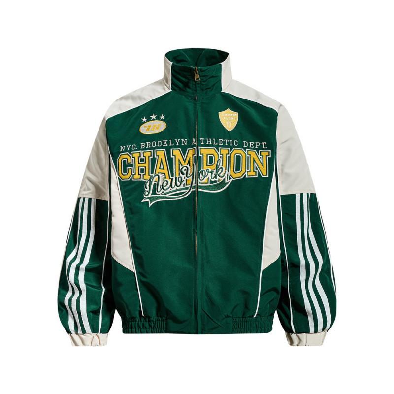 Unisex Stand Collar Zip-Up Jacket With Embroidered Lettering Color-Block Design Casual Sporty Oversized Fit