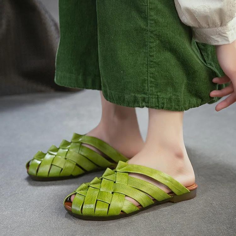 Johnature Genuine Leather Woven Breathable Peep Toe Flat Slippers Casual And Versatile Women's Slip-on Shoes