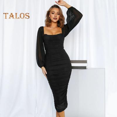 Women Evening Dress Square Neck Mesh Lantern Sleeve Pleated Bodycon Pure Color Elastic Mid-calf Length Midi Dress for Prom Formal Party