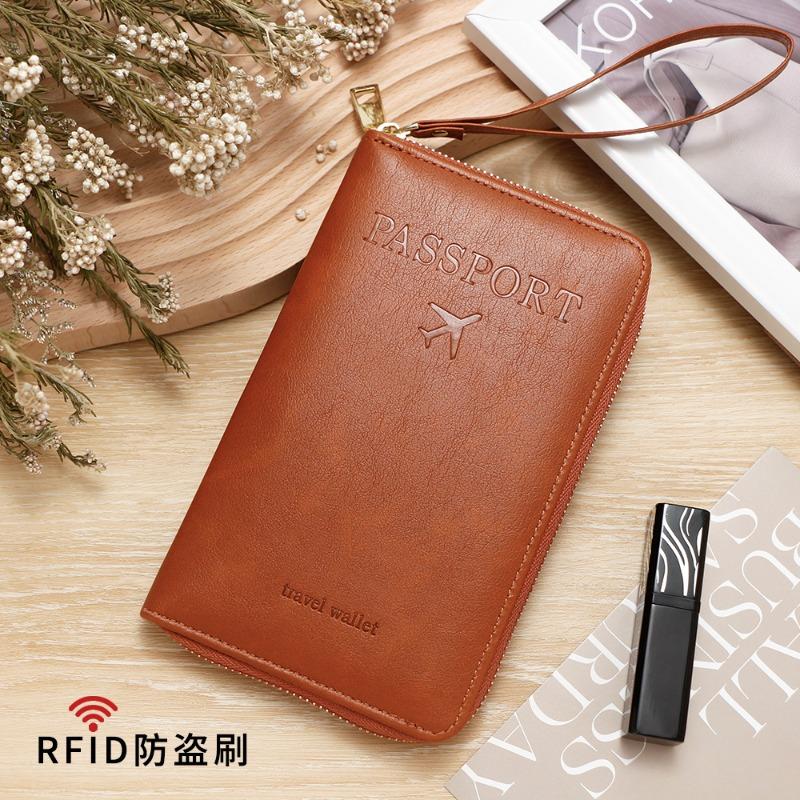Men Women RFID Blocking Leather Passport Holder Travel Wallet Zip Around Passport Cover Document Organizer with Card Slots Wrist Strap