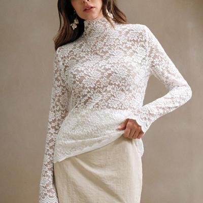 Spring Womens French Lace Long-sleeved Stretch Turtleneck T-shirt Top Women