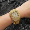 Hot-Selling Gold Alloy Steel Band Watch with Large Square Dial, Roman Numerals & Rhinestones
