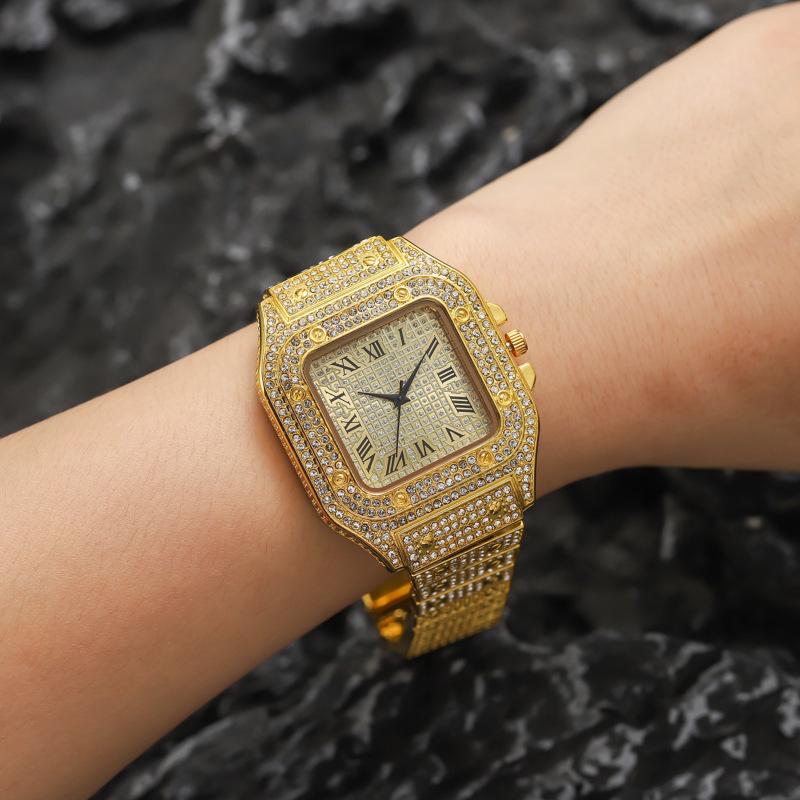 Hot-Selling Gold Alloy Steel Band Watch with Large Square Dial, Roman Numerals & Rhinestones