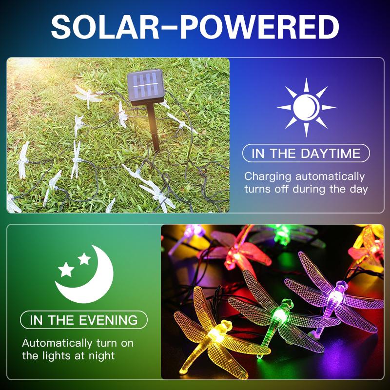 Dragonfly LED Solar String Lights Waterproof Colorful Decorative Lamp Outdoor Garden Balcony Patio Night Landscape Lighting