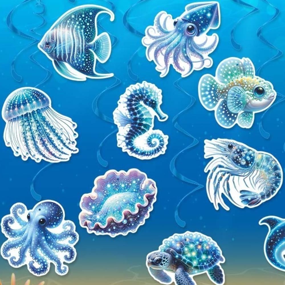 12pcs Paper Hawaiian Spiral Hanging Tag Waterproof Ocean Theme Pendant  Party Favors