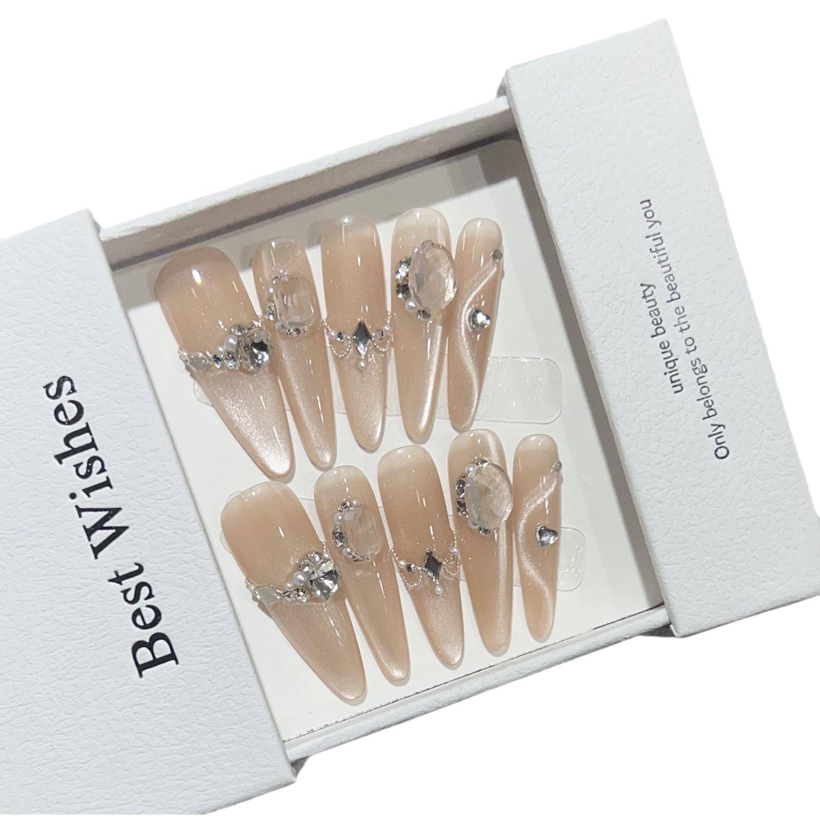 

Ношение длинных ногтей, ручная работа, накладные ногти, гофрированный кошачий глаз телесного цвета, тонкий мерцающий бриллиантовый нейл-арт Large L