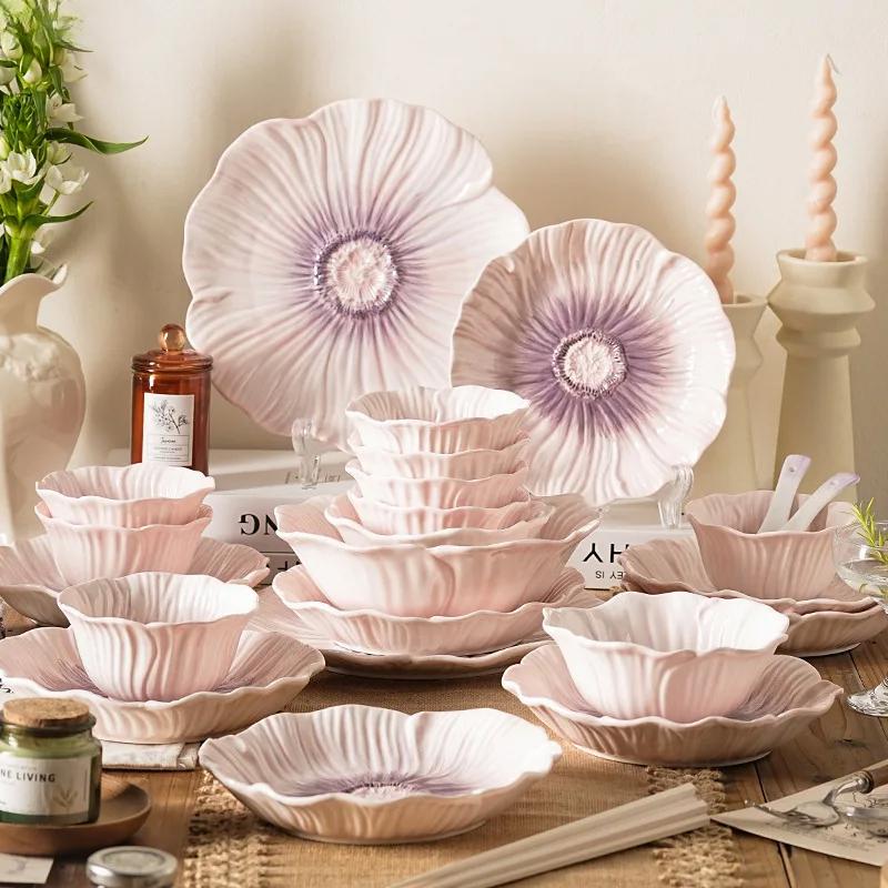 Relief Purple Floral Ceramic Plate Dessert Plate Pasta Dish Soup Bowl Salad Bowl Snack Bowl Molecular Cuisine Creative Tableware