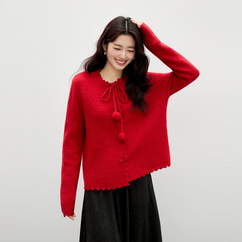 

Qiushui Yiren Women s Pom-Pom Tie-Neck Knit Cardigan M