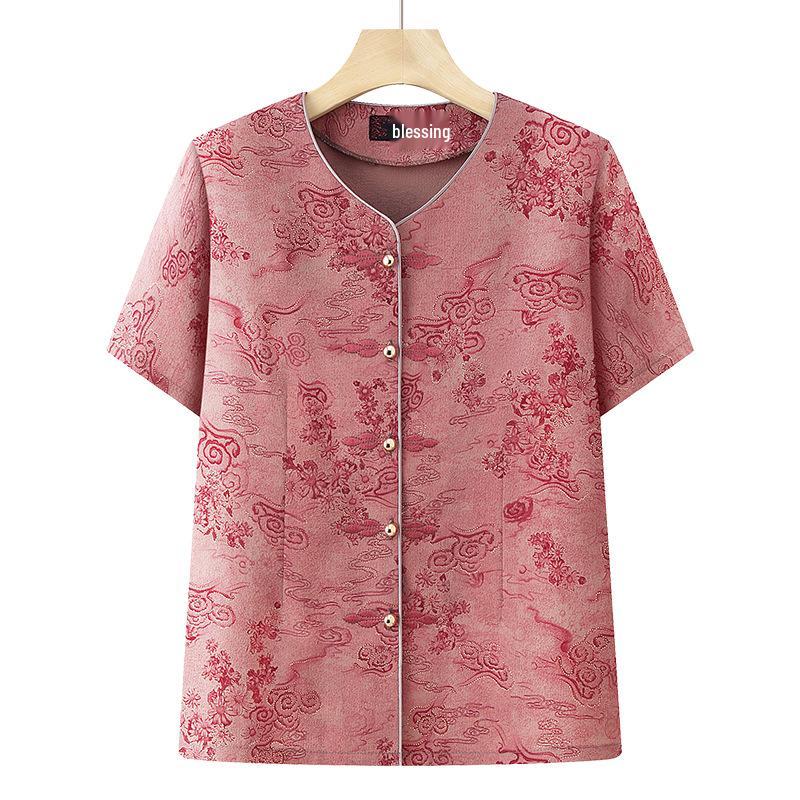 

2026 New Fashion Summer Cardigan Tops: Short-Sleeve Shirts for Middle-Aged & Elderly Women 3XL (110-125 jin)