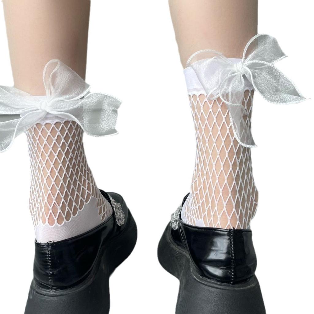 Loli Hollow Socks Bow Fishnet Socks Medium Tube Socks Summer Thin Jk Uniform Short Tube Women Sweet And Spicy