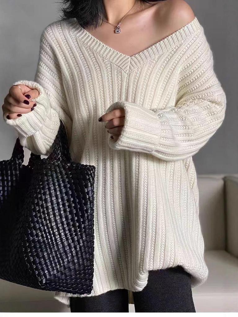 Women's European High-End V-Neck Wool Pullover - 100% Pure, Mid-Length, Loose-Fit, Thickened Knit Sweater