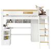 Bunk Bed, with Fall Protection Rail, with Table and Wardrobe, Ample Storage Space, with Four-Step Ladder, Pine+MDF+Plywood, White+Natural, 90x200cm