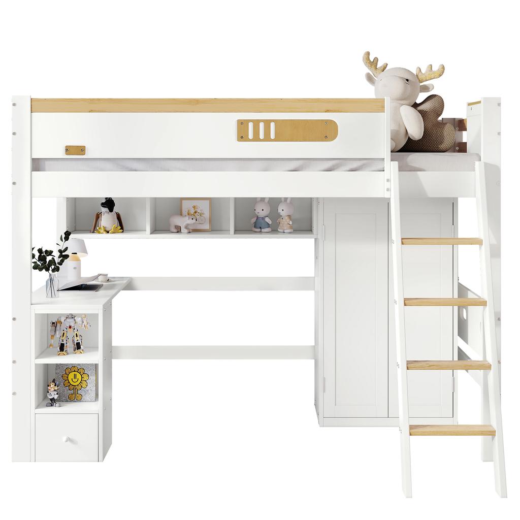 Bunk Bed, with Fall Protection Rail, with Table and Wardrobe, Ample Storage Space, with Four-Step Ladder, Pine+MDF+Plywood, White+Natural, 90x200cm