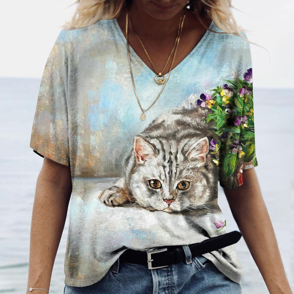 2025 Summer New 3D Cat Print Tee Loose Retro Women's V-neck Short Sleeved Street Style T-shirt Casual Top