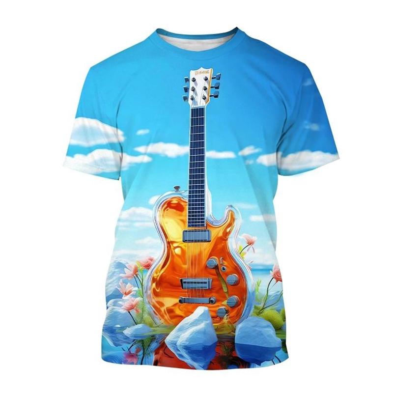 Camiseta con estampado 3D de arte de guitarra creativa, patrón de instrumento musical, camiseta de manga corta con cuello redondo para hombres, camisetas casuales