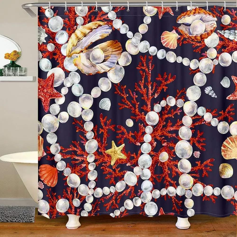 Vibrant Sea Life Watercolor Print Water-Resistant Shower Curtain With Colorful Shells And Fish For Ocean-Themed Bathroom Decor