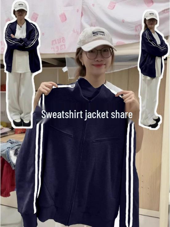 Jachetă Hanorac cu Glugă pentru Femei - Stil Coreean 2025, Croială Lejeră, Design cu Trei Dungi