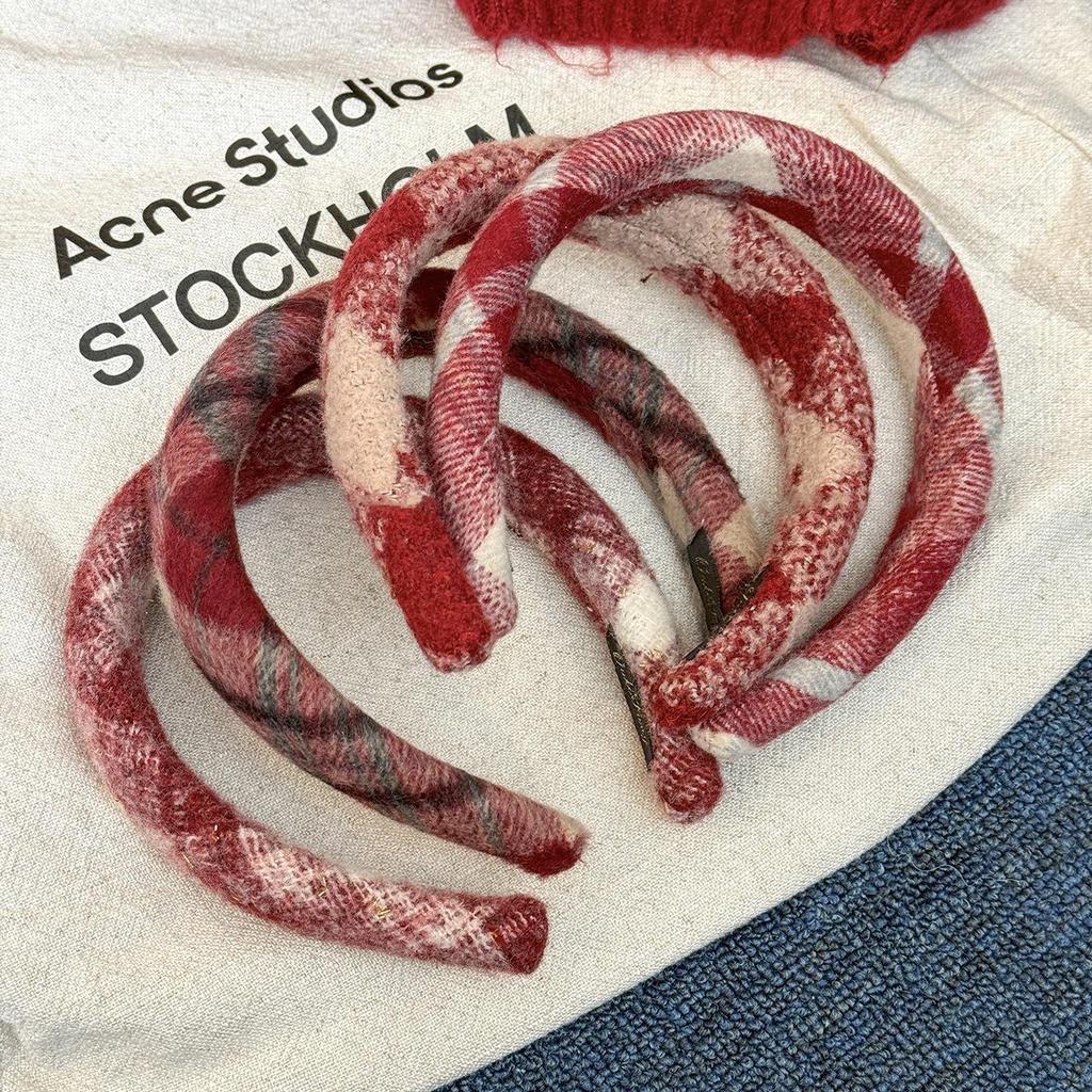 Women's Red Plaid Wool Wide-Brimmed Headband - Perfect for Christmas & New Year Outings