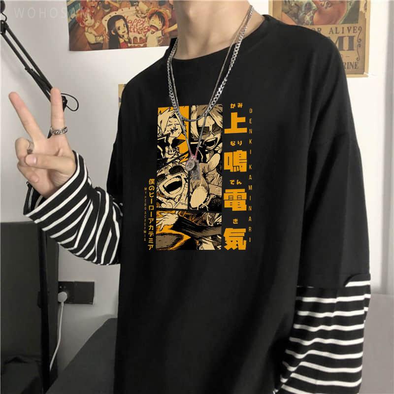 Mode Japan Anime My Hero Academia Gestreiftes T-Shirt Top Herren Damen Harajuku Manga Kaminari Denki Grafik Langarm T-Shirt L