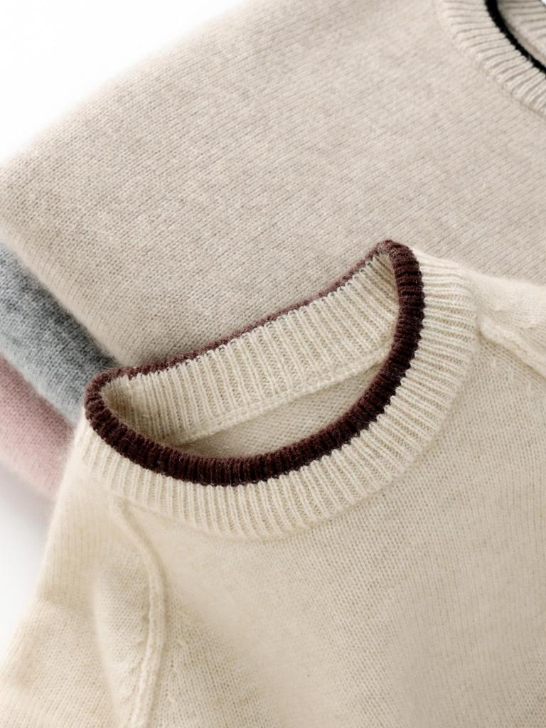 Children's Cashmere Sweater: Solid Color Girls' Knitwear & Color Block Boys' Round Neck Pullover