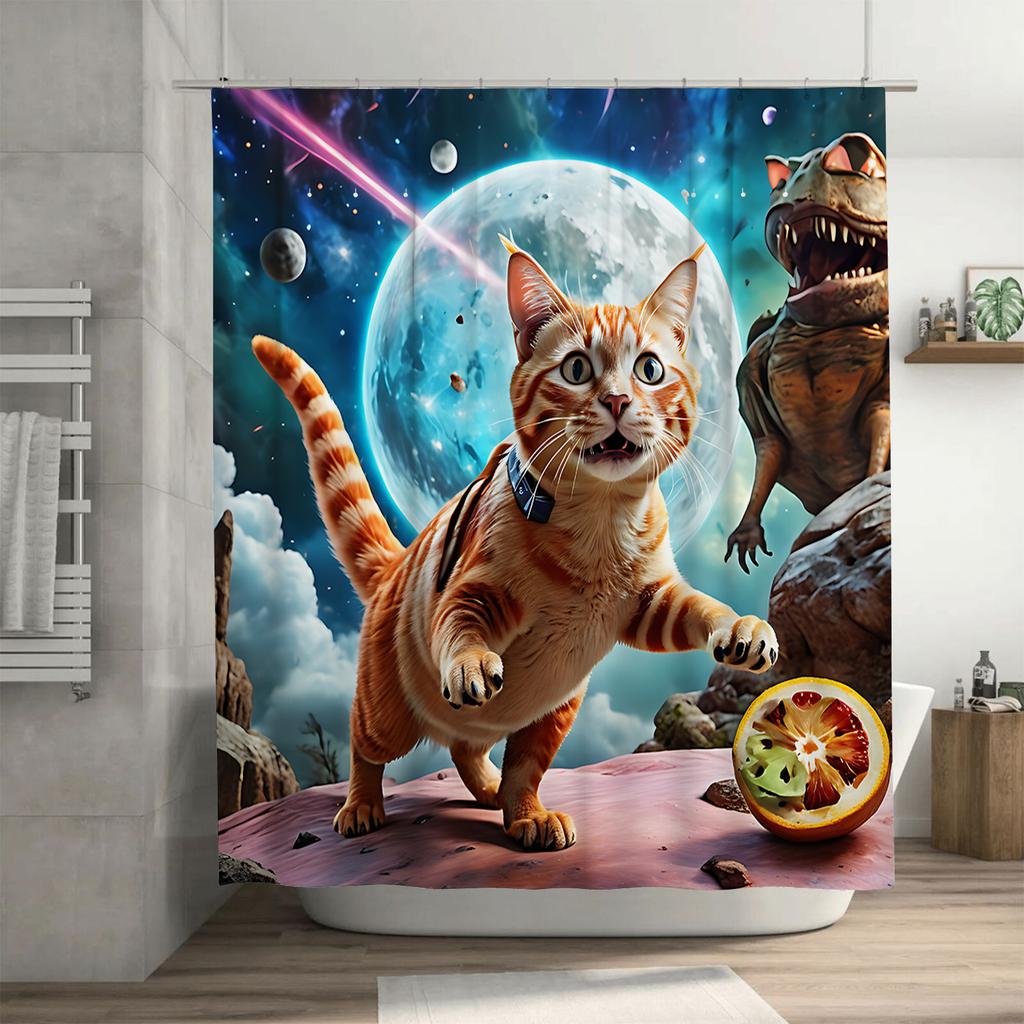 Kreativer Katzen- und Dinosaurier-Duschvorhang für Kinder und Haustiere - Lebendiges und lustiges Design - Perfekt für Badezimmer zur Aufwertung des Raumes