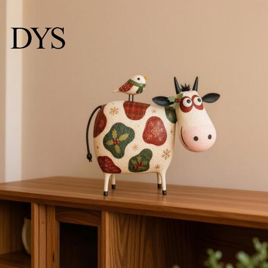 Rustic Farmhouse Shelf Decorations Creative Cow Sculpture with Bird, Resin Animal Figurine, Pastoral Statue, Gifts for Housewarming Artistic Tabletop
