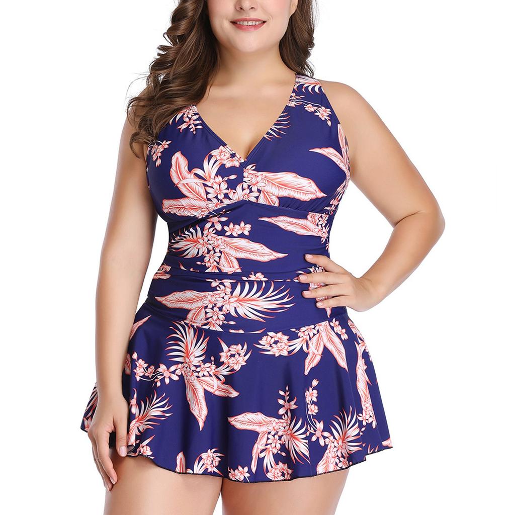 Women's Fashion Sexy High Waist Printed V-Neck Skirt Split Plus Size Swimsuit