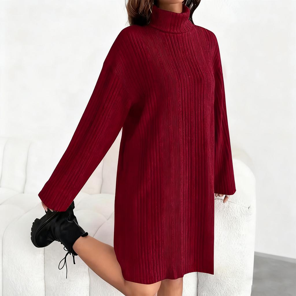 Women's Loose And Comfortable Warm Ribbed High-Neck And Long Sleeve Dress