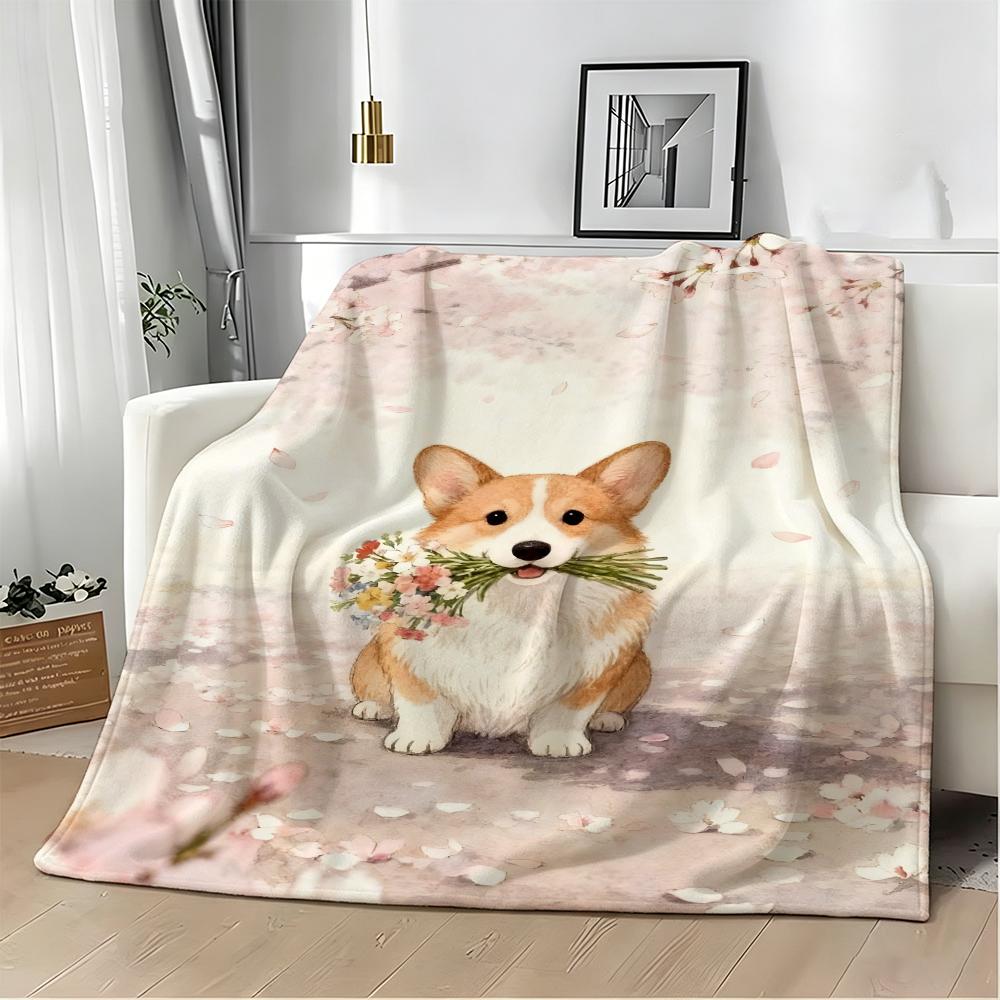 Cute Cartoon Calming Anima Corgi Throw Lightweight 240g Flannel Blanket Soft Skin-friendly for Summer Cooling