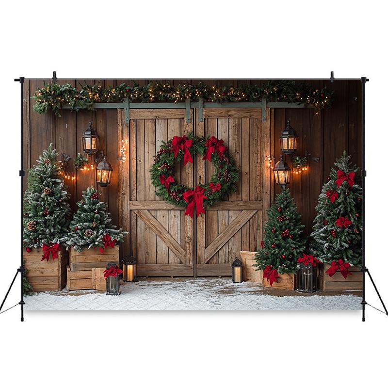 Mocsicka Christmas Wood Door Background Photography Room Wreath Tree Wall Backdrop Shooting Props Party Decoration Studio Banner