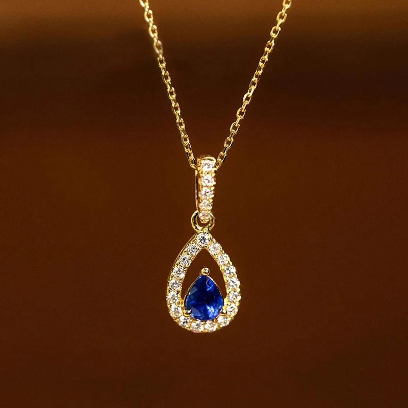 Water Drop Blue Cubic Zirconia Pendant Necklace for Women Elegant Wedding Jewelry