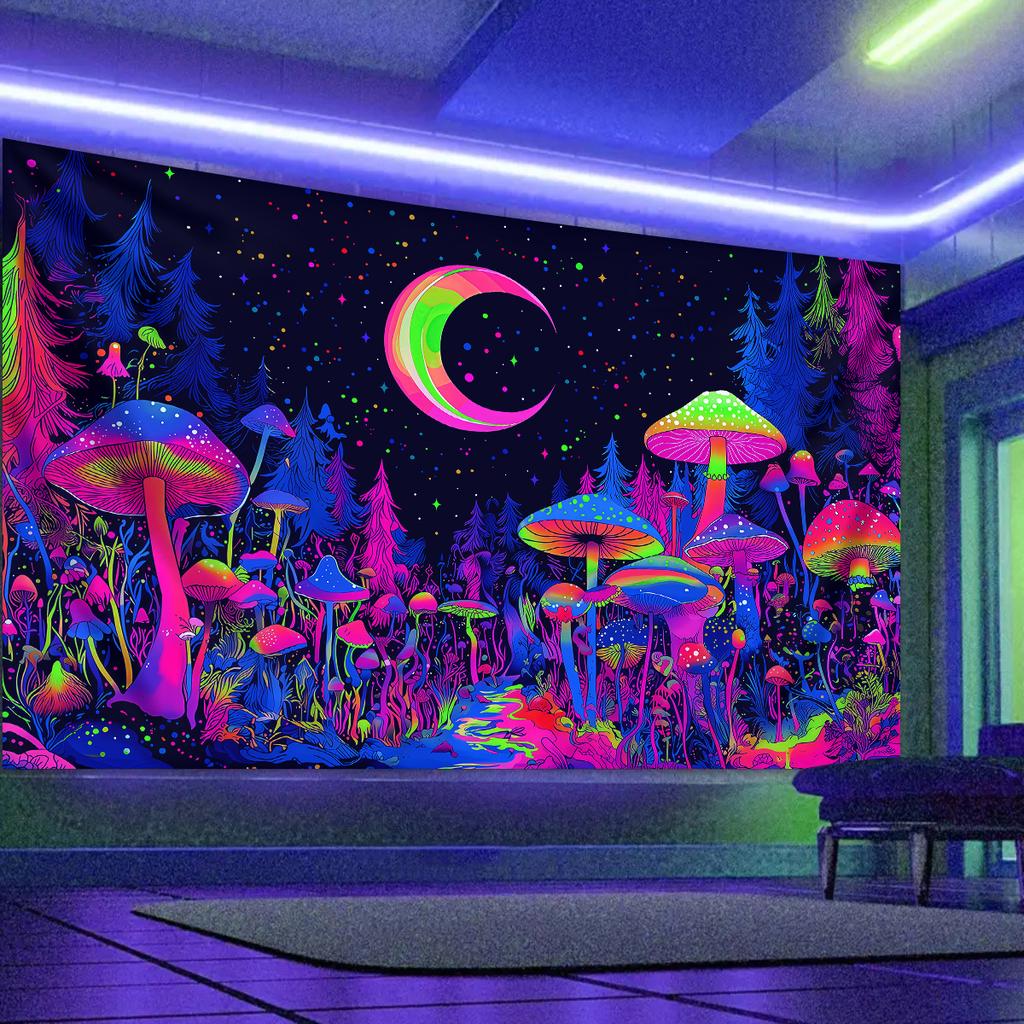 1pc Fluorescent Mushroom Moon Tapestry, UV Black Light Forest Fantasy Plant Space Tapestry, Home Decoration Wall Hanging