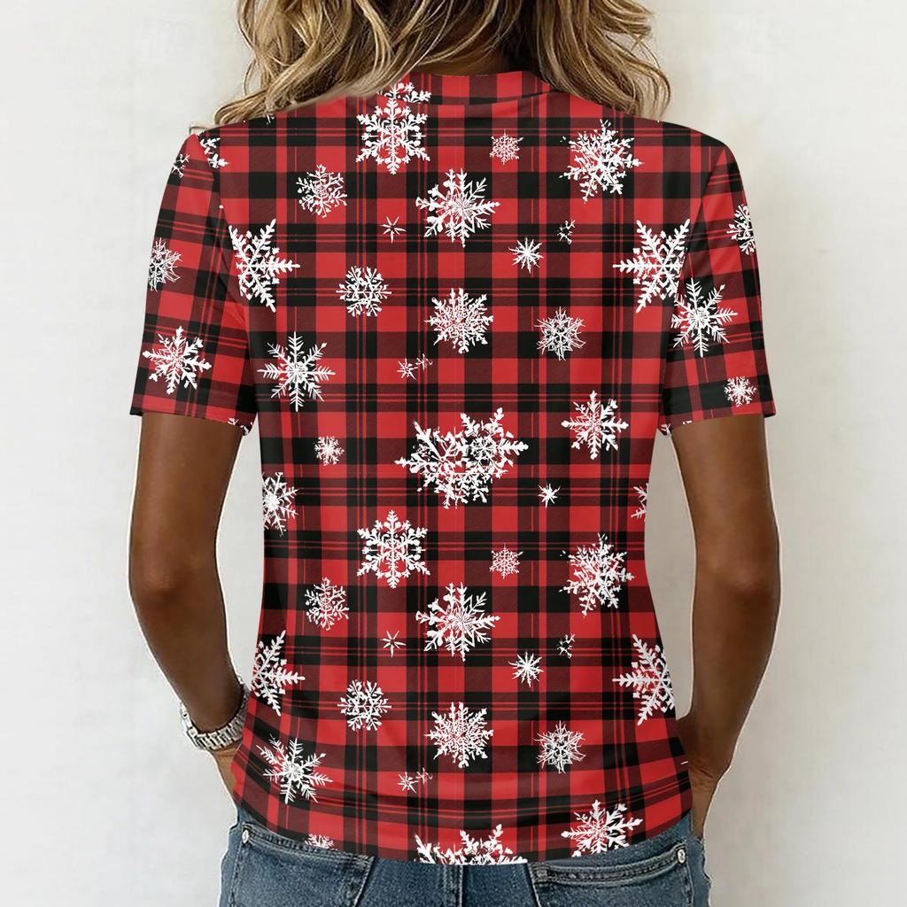 Casual Kerst V-hals Top met Korte Mouwen en Feestelijke Print voor Vakantiefeest